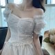 Summer New Korean Version Of The French Square Neck Bubble Short Sleeve Retro Fashion One-Shoulder White Short Blouse Women